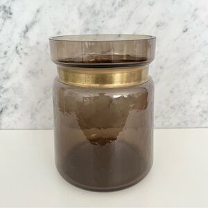 Large Brown Glass Vase Jar Textured Metal Band MCM Neutral Minimalist Moody